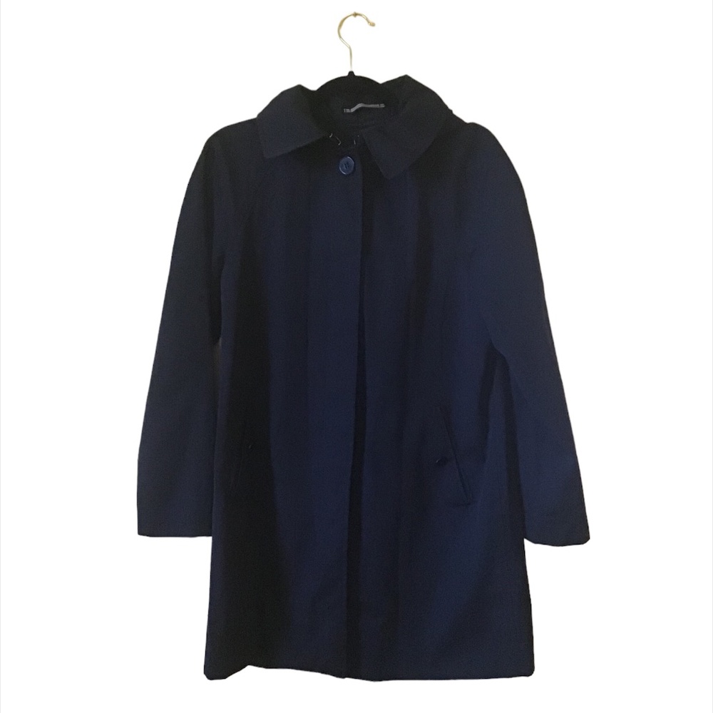 London Fog Black Trench Coat with Hidden Buttons and Hood Size Small